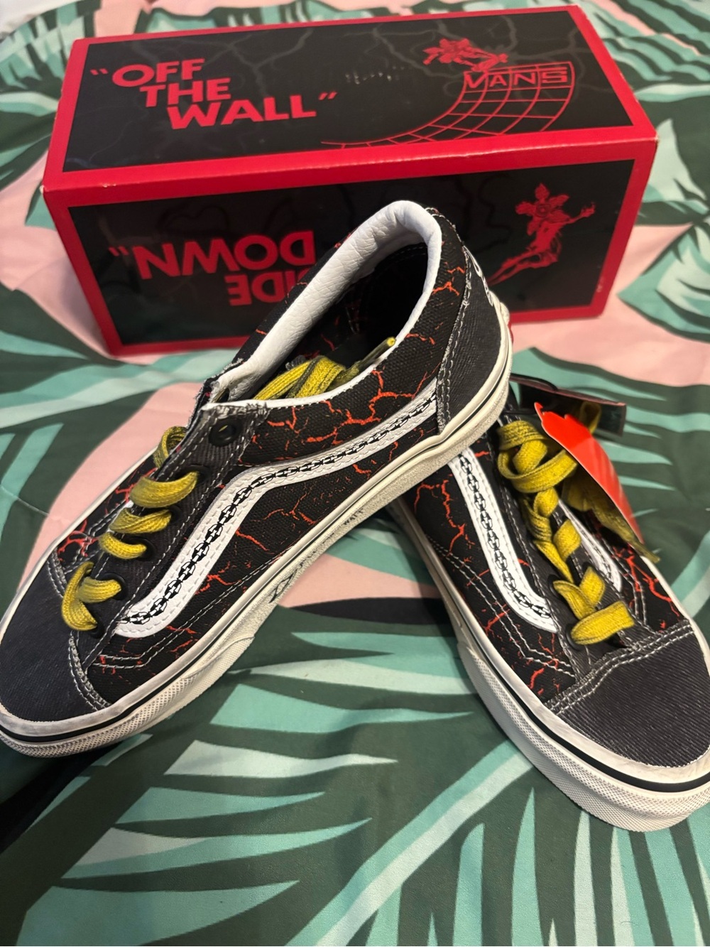 Vans Kids Old Skool Black with Orange Crackle and Yellow Laces